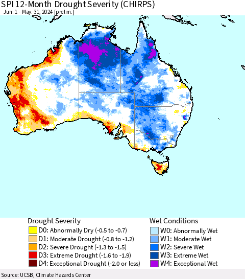 Australia SPI 12-Month Drought Severity (CHIRPS) Thematic Map For 6/1/2023 - 5/31/2024