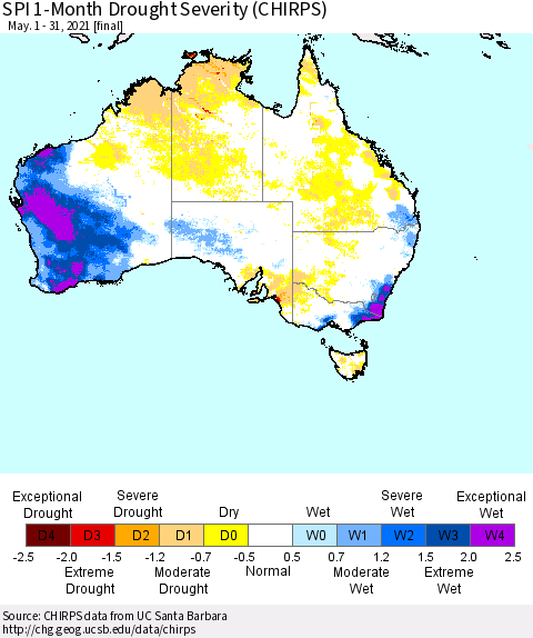 Australia SPI 1-Month Drought Severity (CHIRPS) Thematic Map For 5/1/2021 - 5/31/2021