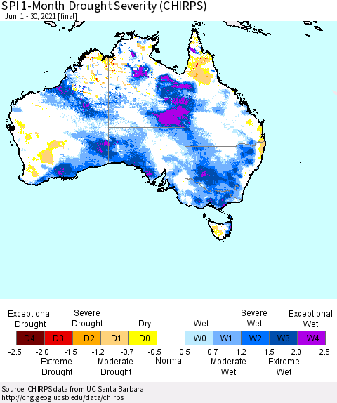 Australia SPI 1-Month Drought Severity (CHIRPS) Thematic Map For 6/1/2021 - 6/30/2021