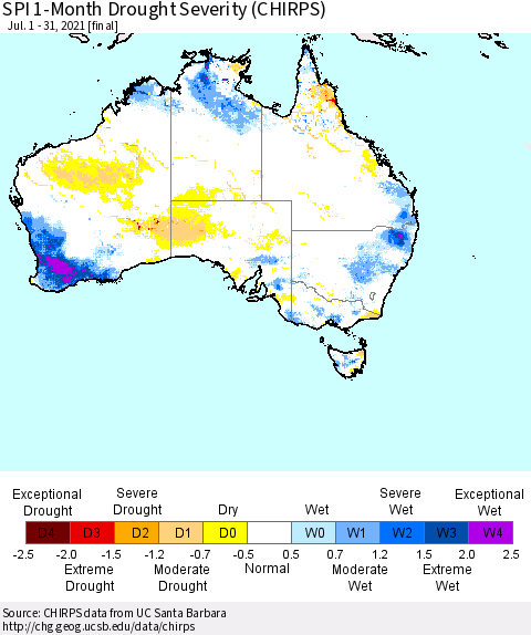 Australia SPI 1-Month Drought Severity (CHIRPS) Thematic Map For 7/1/2021 - 7/31/2021