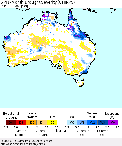 Australia SPI 1-Month Drought Severity (CHIRPS) Thematic Map For 8/1/2021 - 8/31/2021