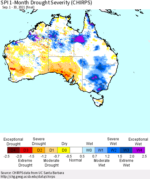 Australia SPI 1-Month Drought Severity (CHIRPS) Thematic Map For 9/1/2021 - 9/30/2021
