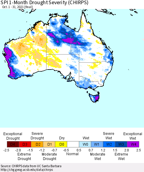 Australia SPI 1-Month Drought Severity (CHIRPS) Thematic Map For 10/1/2021 - 10/31/2021