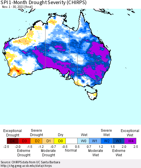 Australia SPI 1-Month Drought Severity (CHIRPS) Thematic Map For 11/1/2021 - 11/30/2021