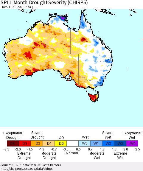 Australia SPI 1-Month Drought Severity (CHIRPS) Thematic Map For 12/1/2021 - 12/31/2021