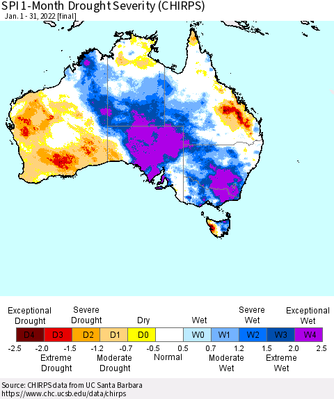 Australia SPI 1-Month Drought Severity (CHIRPS) Thematic Map For 1/1/2022 - 1/31/2022
