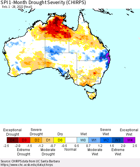 Australia SPI 1-Month Drought Severity (CHIRPS) Thematic Map For 2/1/2022 - 2/28/2022