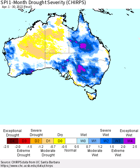 Australia SPI 1-Month Drought Severity (CHIRPS) Thematic Map For 4/1/2022 - 4/30/2022