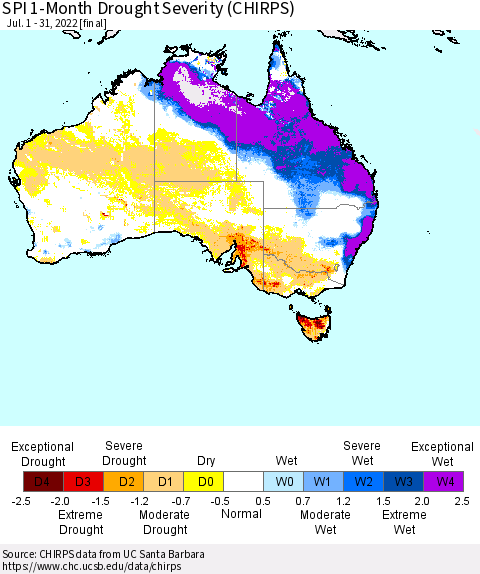 Australia SPI 1-Month Drought Severity (CHIRPS) Thematic Map For 7/1/2022 - 7/31/2022