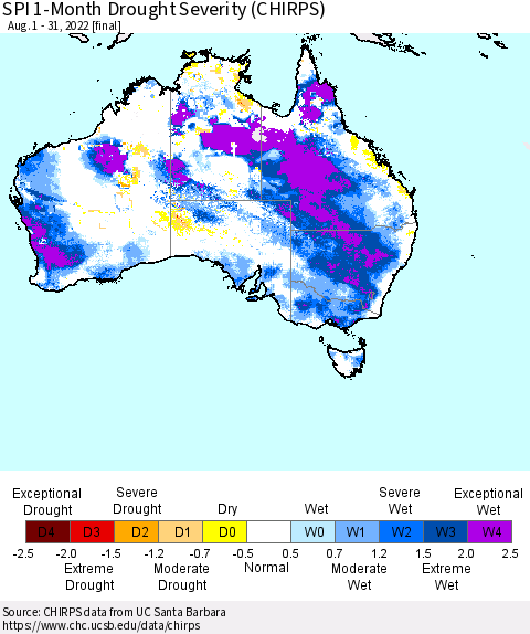 Australia SPI 1-Month Drought Severity (CHIRPS) Thematic Map For 8/1/2022 - 8/31/2022
