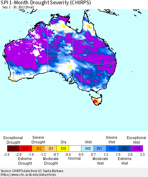 Australia SPI 1-Month Drought Severity (CHIRPS) Thematic Map For 9/1/2022 - 9/30/2022