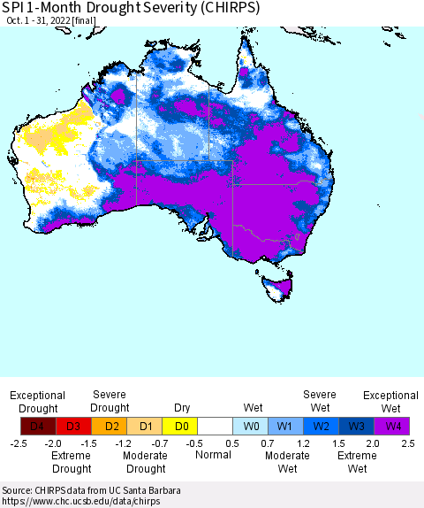 Australia SPI 1-Month Drought Severity (CHIRPS) Thematic Map For 10/1/2022 - 10/31/2022
