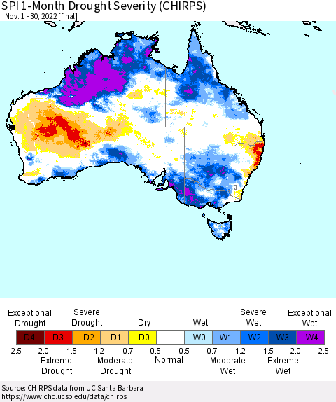 Australia SPI 1-Month Drought Severity (CHIRPS) Thematic Map For 11/1/2022 - 11/30/2022