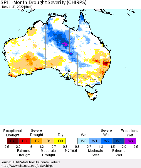 Australia SPI 1-Month Drought Severity (CHIRPS) Thematic Map For 12/1/2022 - 12/31/2022