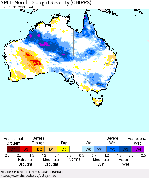 Australia SPI 1-Month Drought Severity (CHIRPS) Thematic Map For 1/1/2023 - 1/31/2023