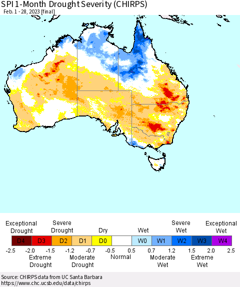 Australia SPI 1-Month Drought Severity (CHIRPS) Thematic Map For 2/1/2023 - 2/28/2023