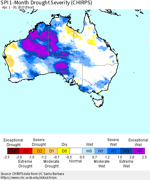 Australia SPI 1-Month Drought Severity (CHIRPS) Thematic Map For 4/1/2023 - 4/30/2023