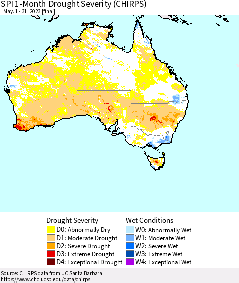 Australia SPI 1-Month Drought Severity (CHIRPS) Thematic Map For 5/1/2023 - 5/31/2023