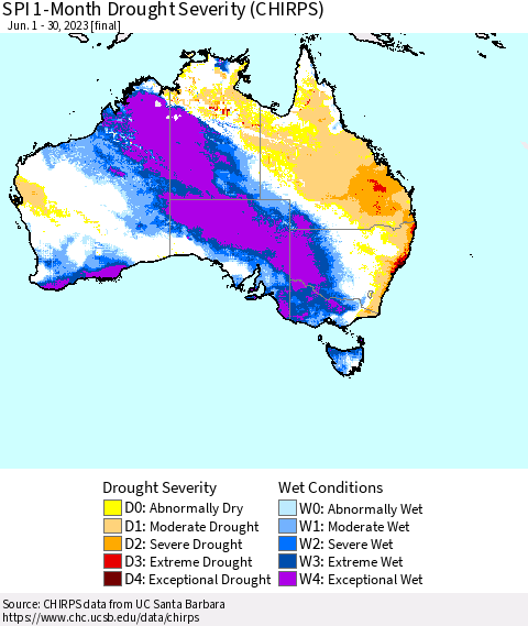Australia SPI 1-Month Drought Severity (CHIRPS) Thematic Map For 6/1/2023 - 6/30/2023