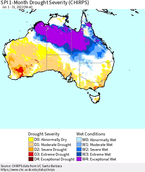 Australia SPI 1-Month Drought Severity (CHIRPS) Thematic Map For 7/1/2023 - 7/31/2023