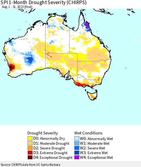 Australia SPI 1-Month Drought Severity (CHIRPS) Thematic Map For 8/1/2023 - 8/31/2023