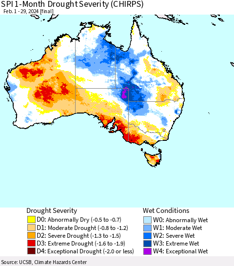 Australia SPI 1-Month Drought Severity (CHIRPS) Thematic Map For 2/1/2024 - 2/29/2024