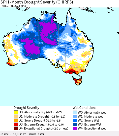 Australia SPI 1-Month Drought Severity (CHIRPS) Thematic Map For 3/1/2024 - 3/31/2024