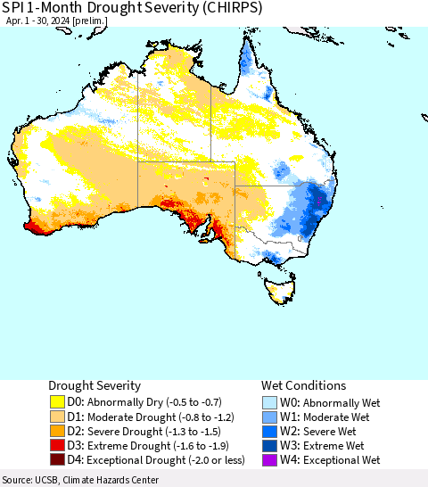 Australia SPI 1-Month Drought Severity (CHIRPS) Thematic Map For 4/1/2024 - 4/30/2024