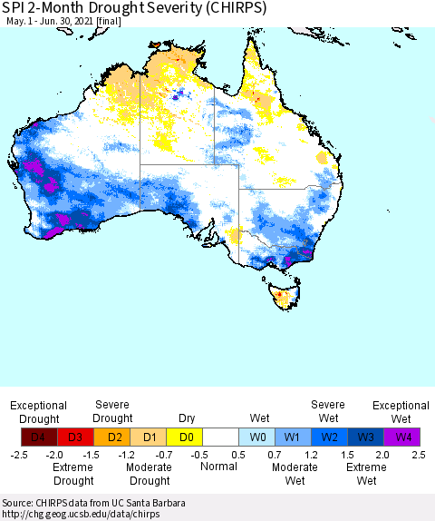 Australia SPI 2-Month Drought Severity (CHIRPS) Thematic Map For 5/1/2021 - 6/30/2021