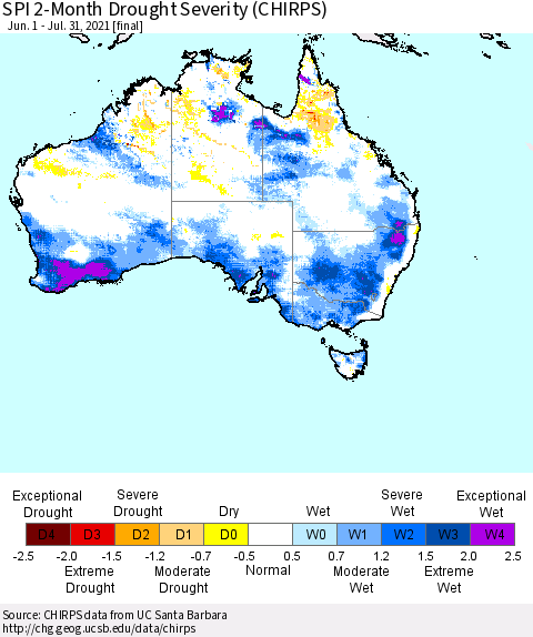 Australia SPI 2-Month Drought Severity (CHIRPS) Thematic Map For 6/1/2021 - 7/31/2021