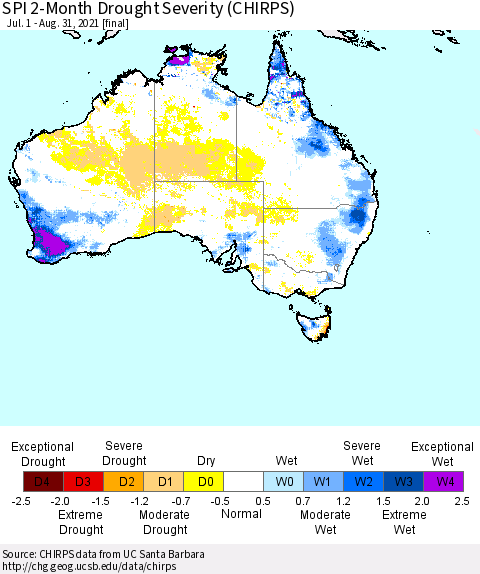 Australia SPI 2-Month Drought Severity (CHIRPS) Thematic Map For 7/1/2021 - 8/31/2021