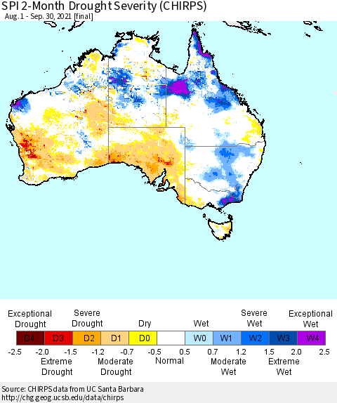 Australia SPI 2-Month Drought Severity (CHIRPS) Thematic Map For 8/1/2021 - 9/30/2021