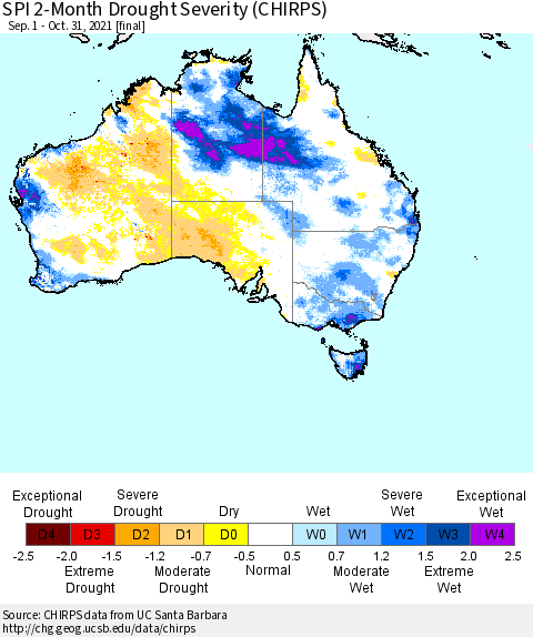 Australia SPI 2-Month Drought Severity (CHIRPS) Thematic Map For 9/1/2021 - 10/31/2021