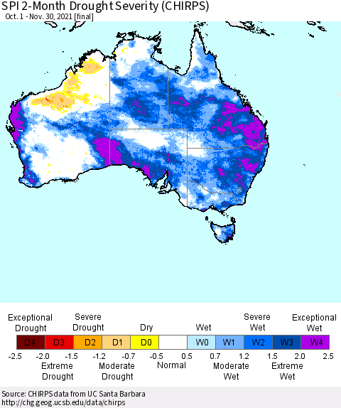 Australia SPI 2-Month Drought Severity (CHIRPS) Thematic Map For 10/1/2021 - 11/30/2021