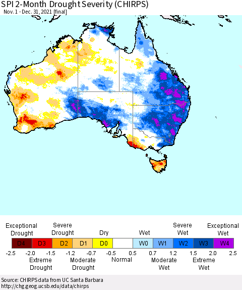 Australia SPI 2-Month Drought Severity (CHIRPS) Thematic Map For 11/1/2021 - 12/31/2021