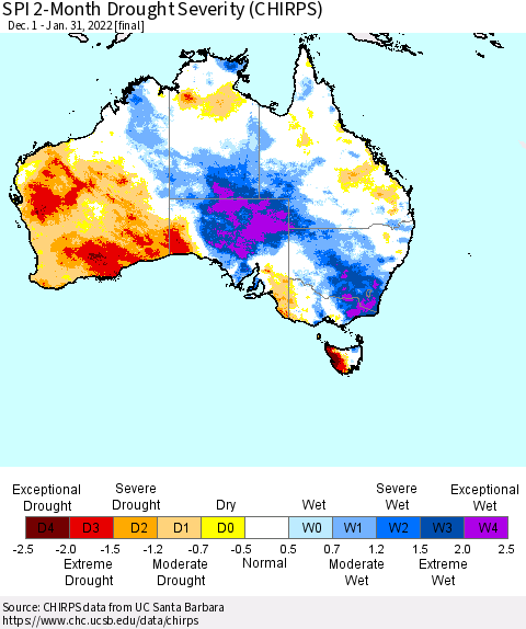 Australia SPI 2-Month Drought Severity (CHIRPS) Thematic Map For 12/1/2021 - 1/31/2022