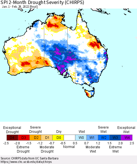 Australia SPI 2-Month Drought Severity (CHIRPS) Thematic Map For 1/1/2022 - 2/28/2022