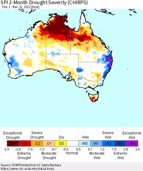 Australia SPI 2-Month Drought Severity (CHIRPS) Thematic Map For 2/1/2022 - 3/31/2022