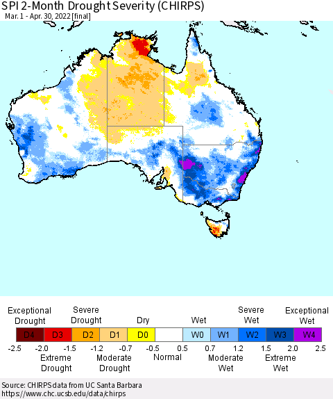 Australia SPI 2-Month Drought Severity (CHIRPS) Thematic Map For 3/1/2022 - 4/30/2022