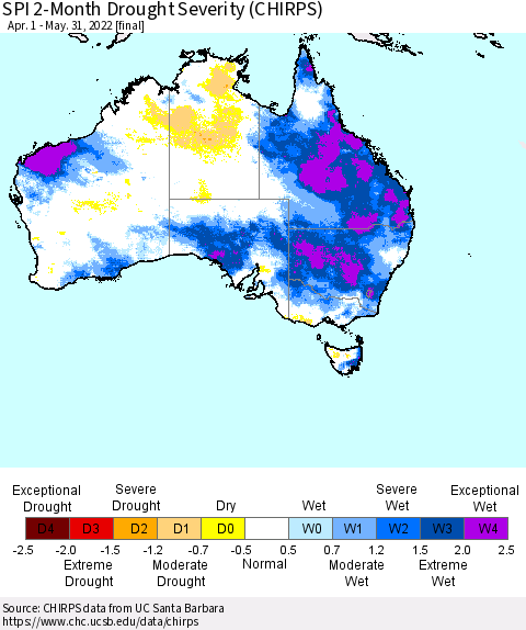 Australia SPI 2-Month Drought Severity (CHIRPS) Thematic Map For 4/1/2022 - 5/31/2022
