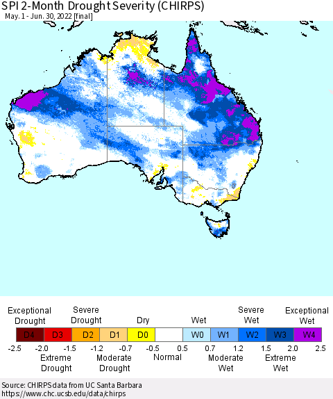 Australia SPI 2-Month Drought Severity (CHIRPS) Thematic Map For 5/1/2022 - 6/30/2022