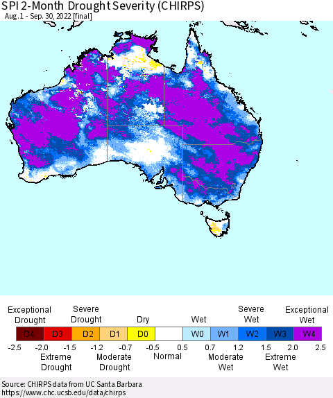 Australia SPI 2-Month Drought Severity (CHIRPS) Thematic Map For 8/1/2022 - 9/30/2022