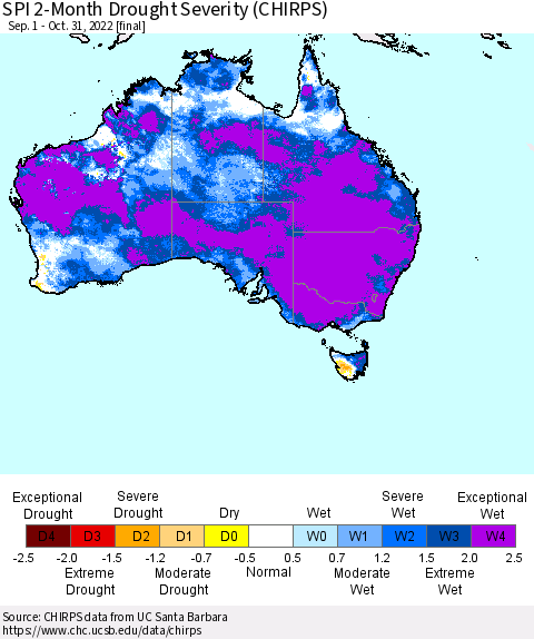Australia SPI 2-Month Drought Severity (CHIRPS) Thematic Map For 9/1/2022 - 10/31/2022