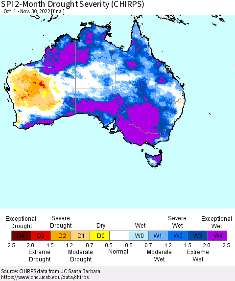 Australia SPI 2-Month Drought Severity (CHIRPS) Thematic Map For 10/1/2022 - 11/30/2022