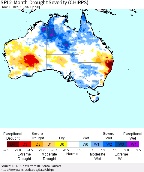 Australia SPI 2-Month Drought Severity (CHIRPS) Thematic Map For 11/1/2022 - 12/31/2022