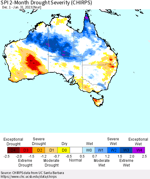 Australia SPI 2-Month Drought Severity (CHIRPS) Thematic Map For 12/1/2022 - 1/31/2023
