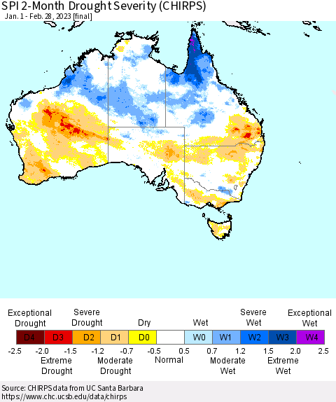 Australia SPI 2-Month Drought Severity (CHIRPS) Thematic Map For 1/1/2023 - 2/28/2023