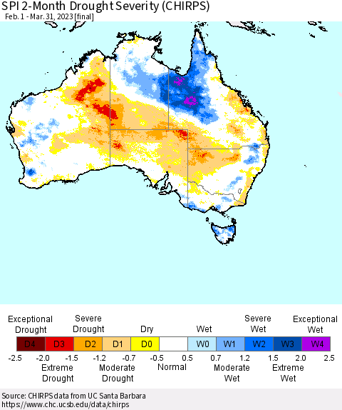 Australia SPI 2-Month Drought Severity (CHIRPS) Thematic Map For 2/1/2023 - 3/31/2023