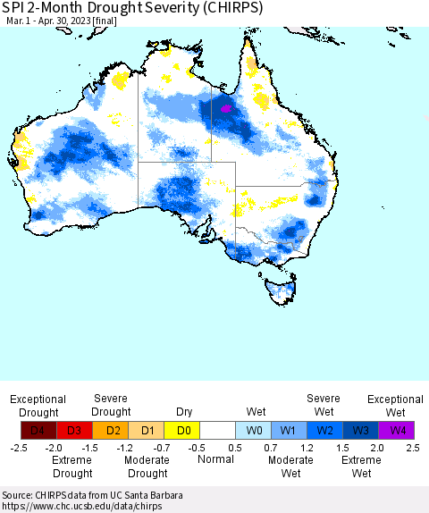 Australia SPI 2-Month Drought Severity (CHIRPS) Thematic Map For 3/1/2023 - 4/30/2023