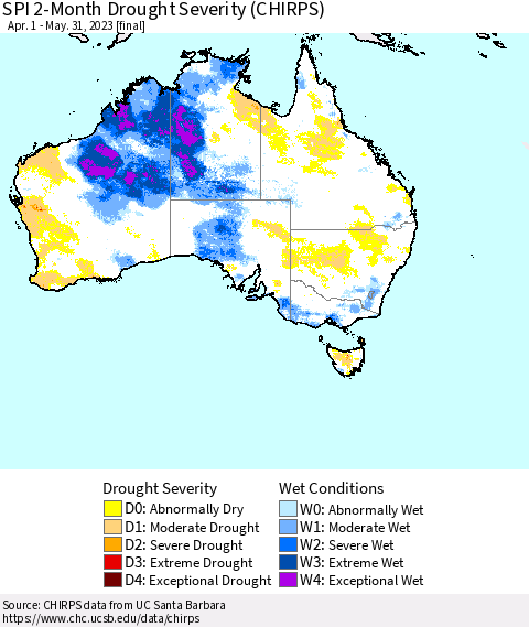 Australia SPI 2-Month Drought Severity (CHIRPS) Thematic Map For 4/1/2023 - 5/31/2023